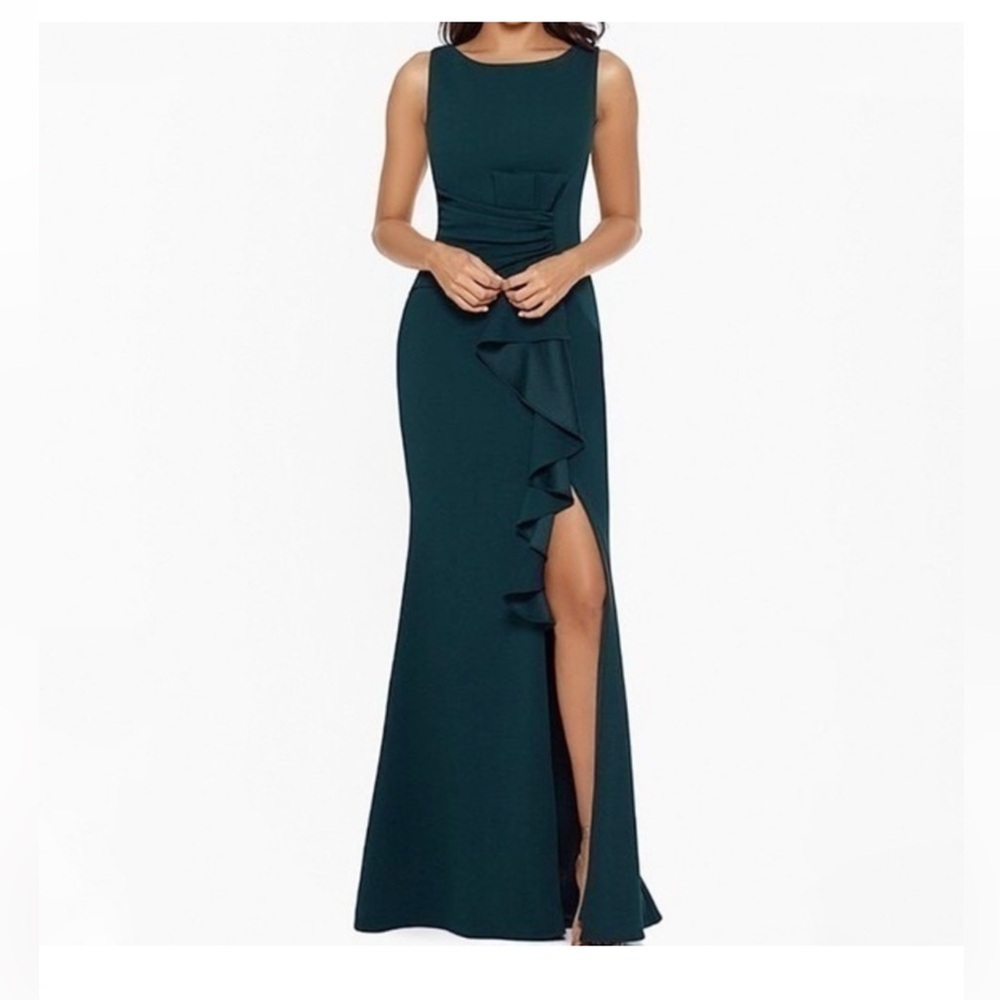 Betsy & Adam. Christine Scuba Crepe Ruffled Bow Gown sz 14 color petroleum